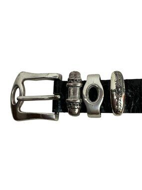 Streets Ahead Black Croc Embossed Leather Belt Ornate Silver-Tone Buckle & Accen